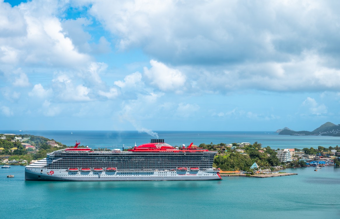 Cruise ship docked at tropical port